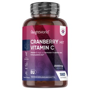 Cranberry Kapseln mit Vitamin C | 180 Kapseln je 25.000 mg | Online bestellen