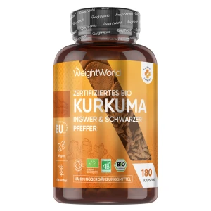 Bio-Kurkuma Kapseln - 1520 mg 180 St. - mit schwarzem Pfeffer & Ingwer - Für Ihr Haut & Knochen
