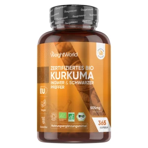 Bio Kurkuma mit Ingwer und schwarzem Pfeffer | 365 Kapseln mit 505 mg | Online bestellen
