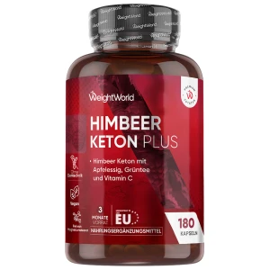 Himbeerketon Kapseln Plus - 1000mg, 180 Kapseln - Raspberry Ketone mit Apfelessig, grüner Tee & Vitamin C