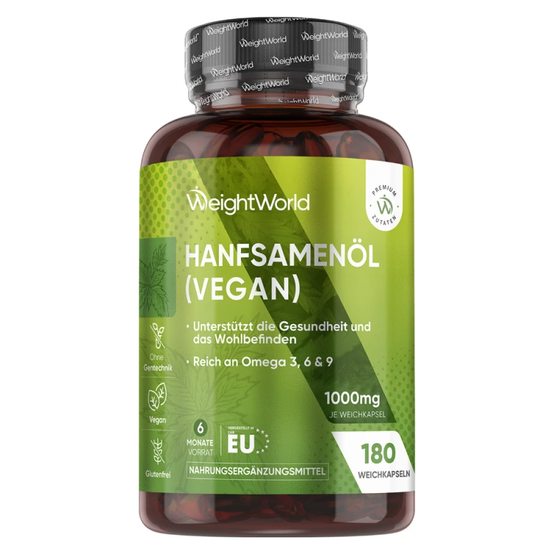 Hanfsamenöl Softgels - 1000mg 180 Softgel Kapseln - Natürliche Nahrungsergänzung mit Omega 3, 6 & 9.
