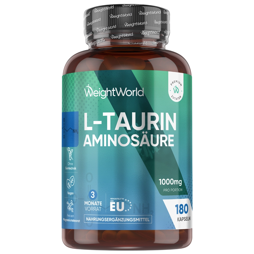 Taurin für mehr Energie und Leistung | 180 Kapseln | Je 1.000 mg L-Taurin pro Dosis | Vegan und glutenfrei | online bestellen
