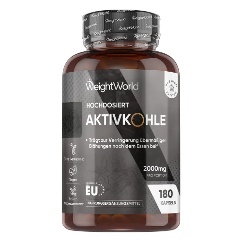 Premium Aktivkohle Kapseln - 180 vegane Kapseln. Bei Verdauungsproblemen, Völlegefühl, Blähungen und zur Entgiftung