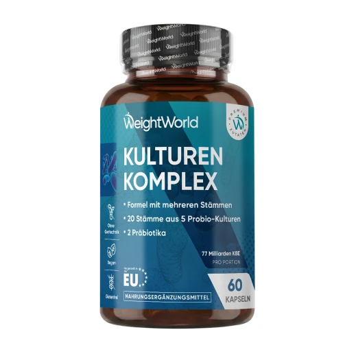 Bio Kulturen Komplex - 60 vegane Kapseln - 20 Darmbakterien Stämme - 77 Milliarden KBE mit Bio Inulin für eine bessere Darmflora - Magenfreundliche