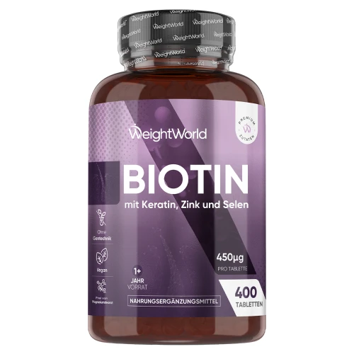 Biotina Complex con Queratina, Selenio y Zinc - 450 mcg 400 comprimidos - Fórmula para la Salud del Cabello, Piel y Uñas