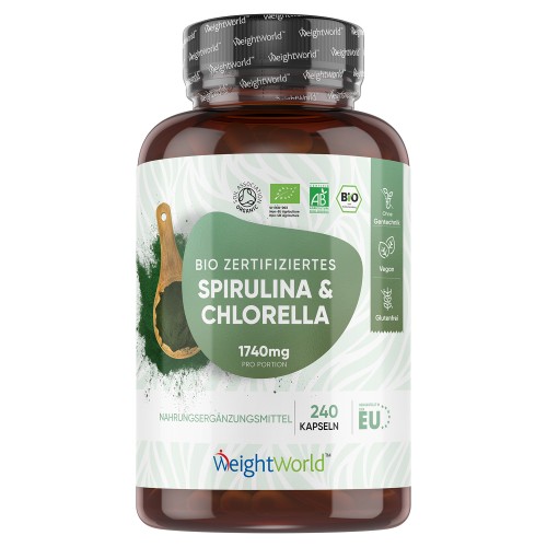 Espirulina y Chlorella Orgánicas 1740 mg - 180 cápsulas - Superalimentos Verdes para Potenciar tu Bienestar