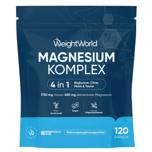Complejo de Magnesio 4 en 1 - Formato Bolsa con 120 cápsulas para 2 meses de suministro - Para Energía, Músculos y Descanso - Con 400 mg de Magnesio E