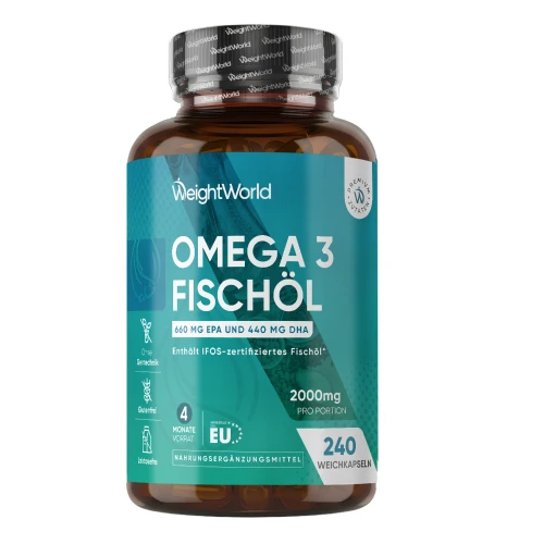 Omega-3 Premium Qualität Fischöl - Hochdosierte 2000 mg 240 Weichkapseln - 660 mg EPA + 440 mg DHA - Natürliche Steigerung des Wohlbefindens