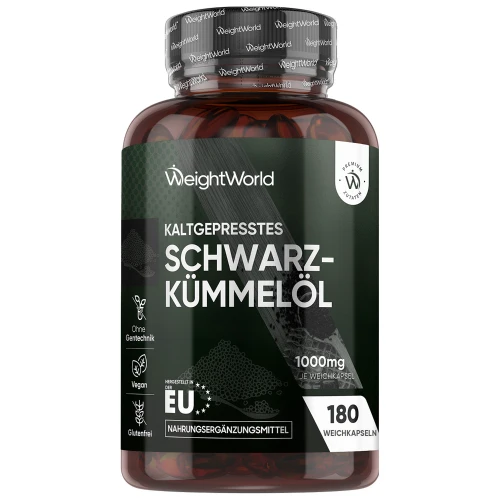 Kaltgepresstes Schwarzkümmelöl Weichkapseln | 1000mg 180 Kapseln | WeightWorld